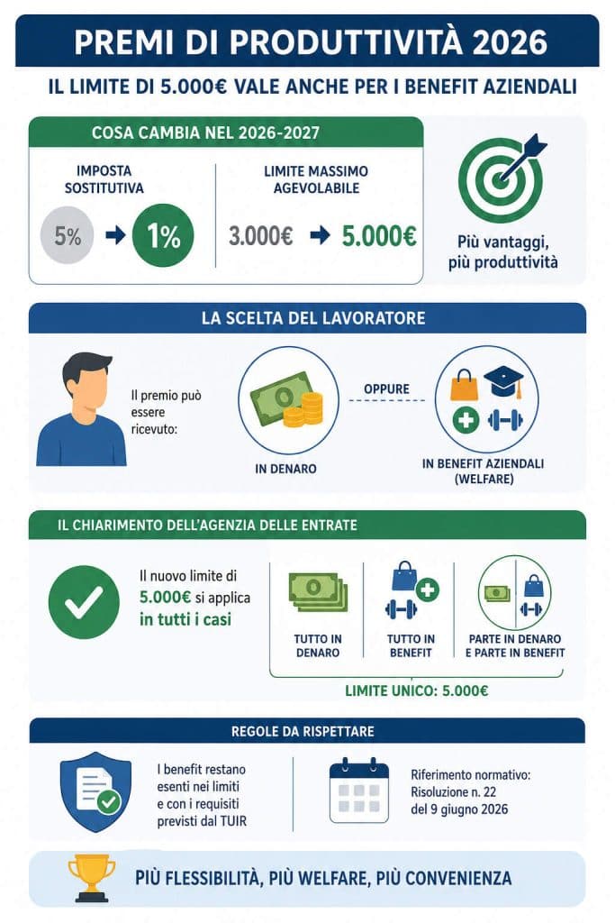 Premi di produttività 2026: il nuovo limite di 5.000 € applicato anche a benefit aziendali