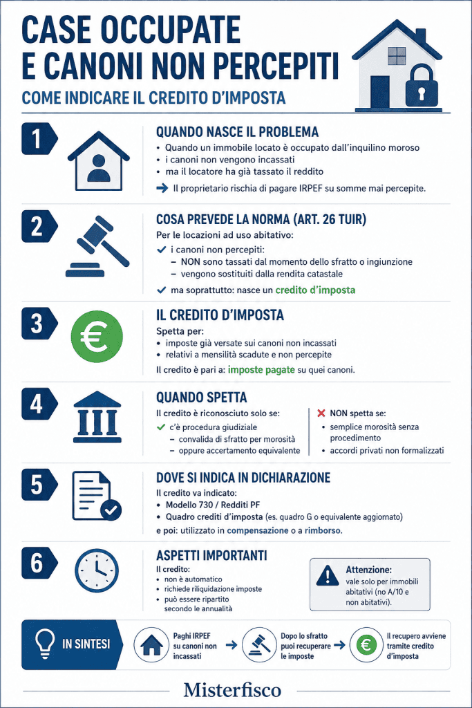 Case occupate e canoni di locazione non percepiti: come indicare il credito d’imposta